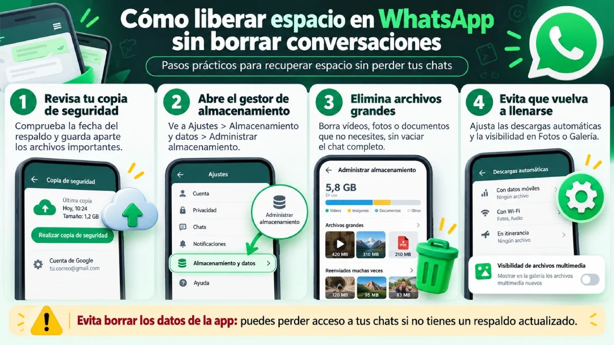 cómo liberar espacio en WhatsApp sin borrar conversaciones infografía
